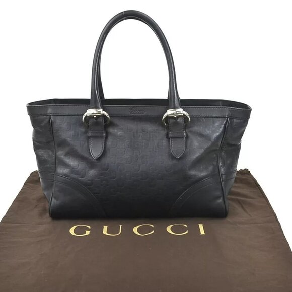 Auth GUCCI Handbag Black Embossed Leather/Silvertone - Picture 1 of 14
